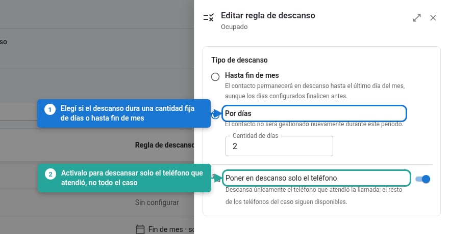 Panel de configuración de la regla de descanso de una etiqueta
