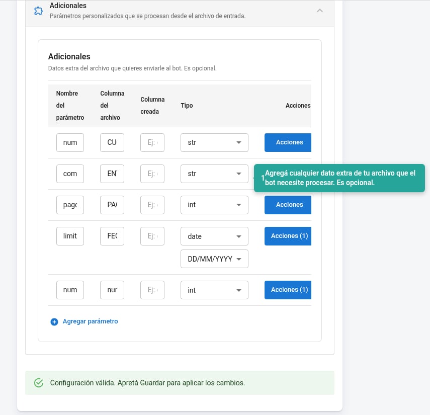 Parámetros adicionales