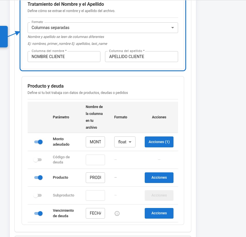 Configuración del nombre y apellido