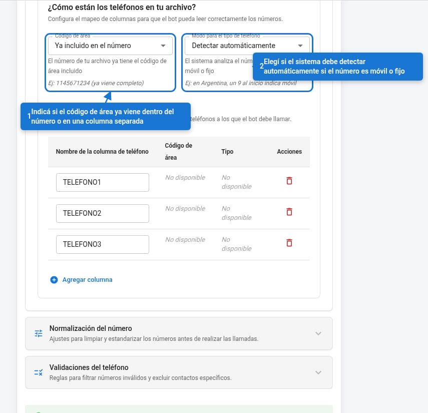 Opciones de código de área y tipo de teléfono