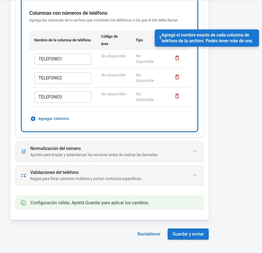 Tabla de columnas de teléfono