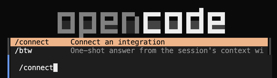 The /connect command in the OpenCode prompt