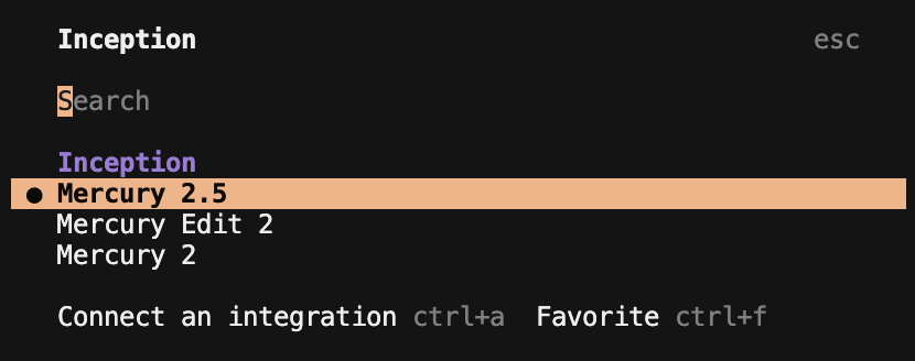 Mercury 2.5 selected in the OpenCode model list