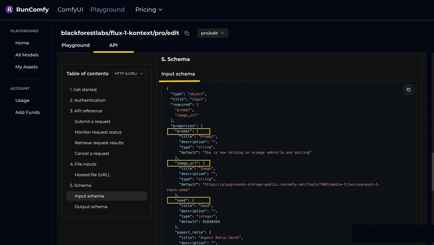 Alt RunComfy playground model input schema