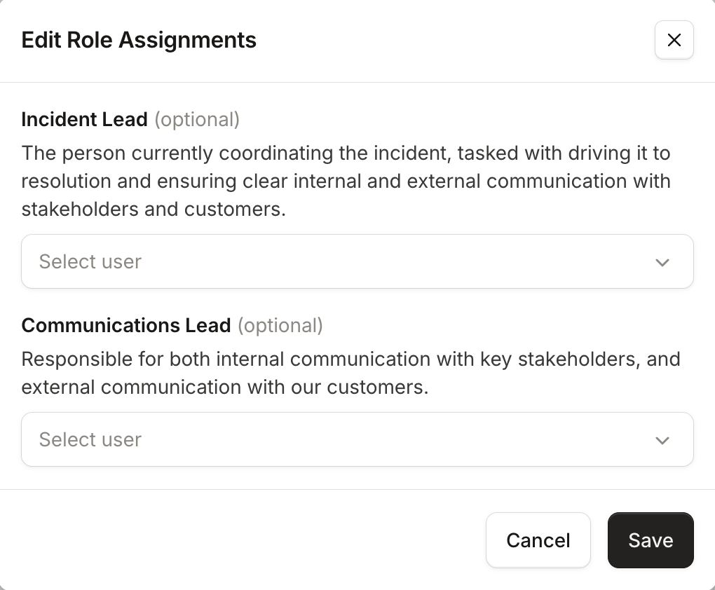 The Edit Role Assignments modal, showing Incident Lead and Communications Lead with their descriptions and a user picker for each