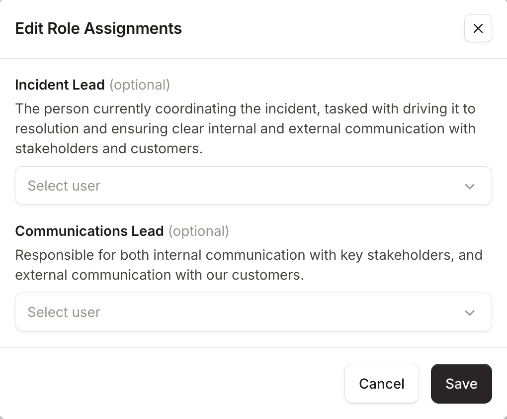 The Edit Role Assignments modal, showing Incident Lead and Communications Lead with their descriptions and a user picker for each