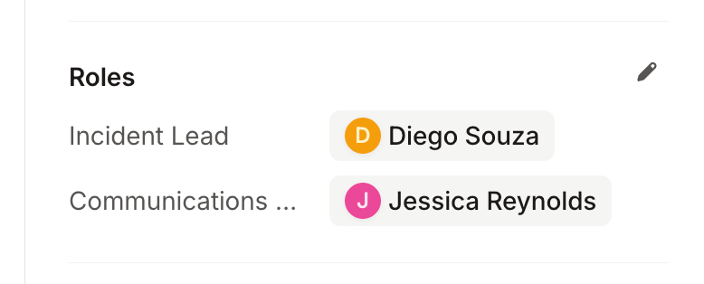 The Roles section of an incident, showing an assignee against both the Incident Lead and Communications Lead roles