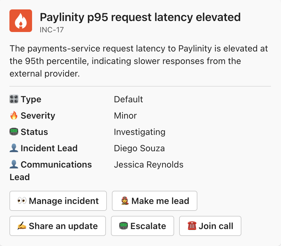 The incident welcome message in a Microsoft Teams channel, listing the Incident Lead and Communications Lead alongside the incident's type, severity and status