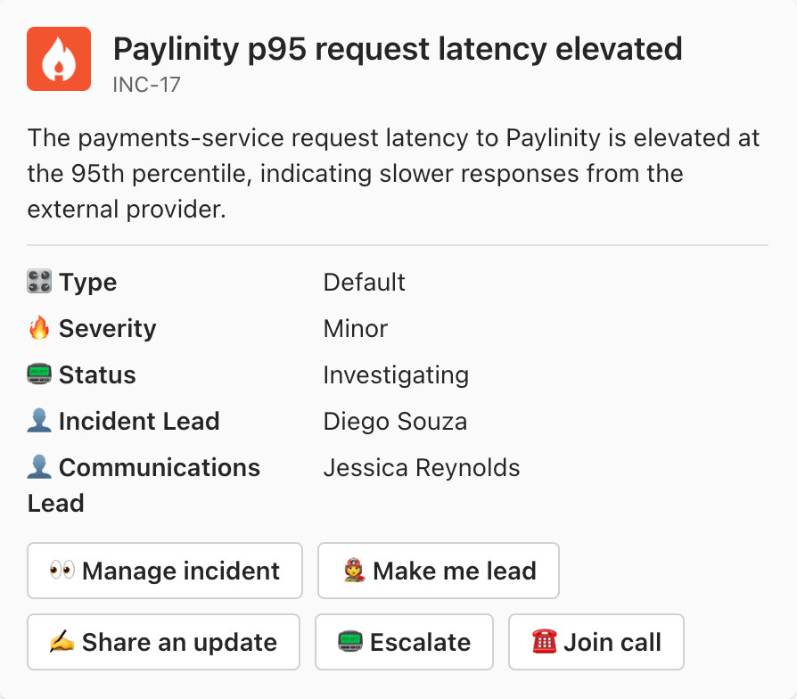 The incident welcome message in a Microsoft Teams channel, listing the Incident Lead and Communications Lead alongside the incident's type, severity and status