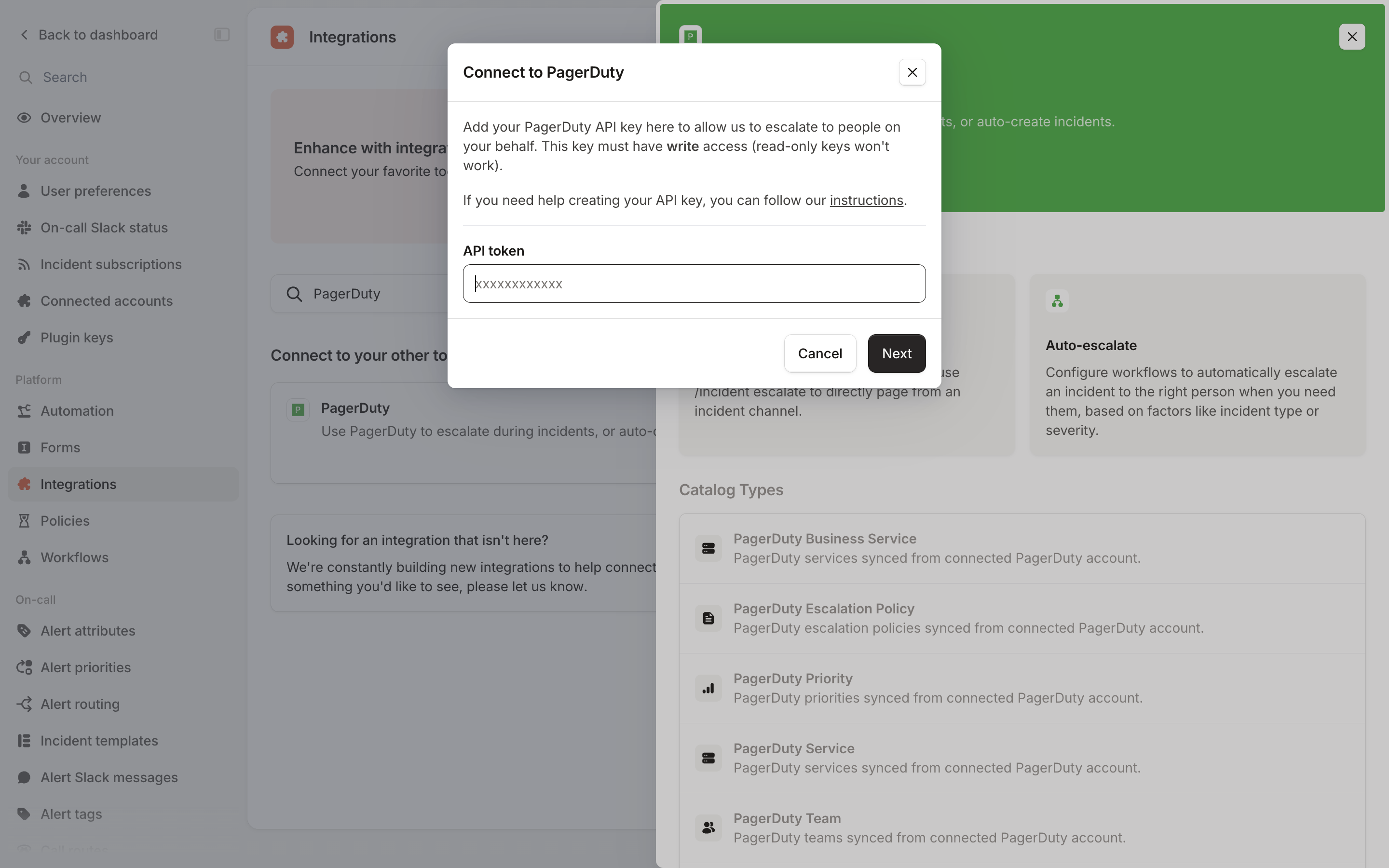 The Connect to PagerDuty dialog opening from the integrations page