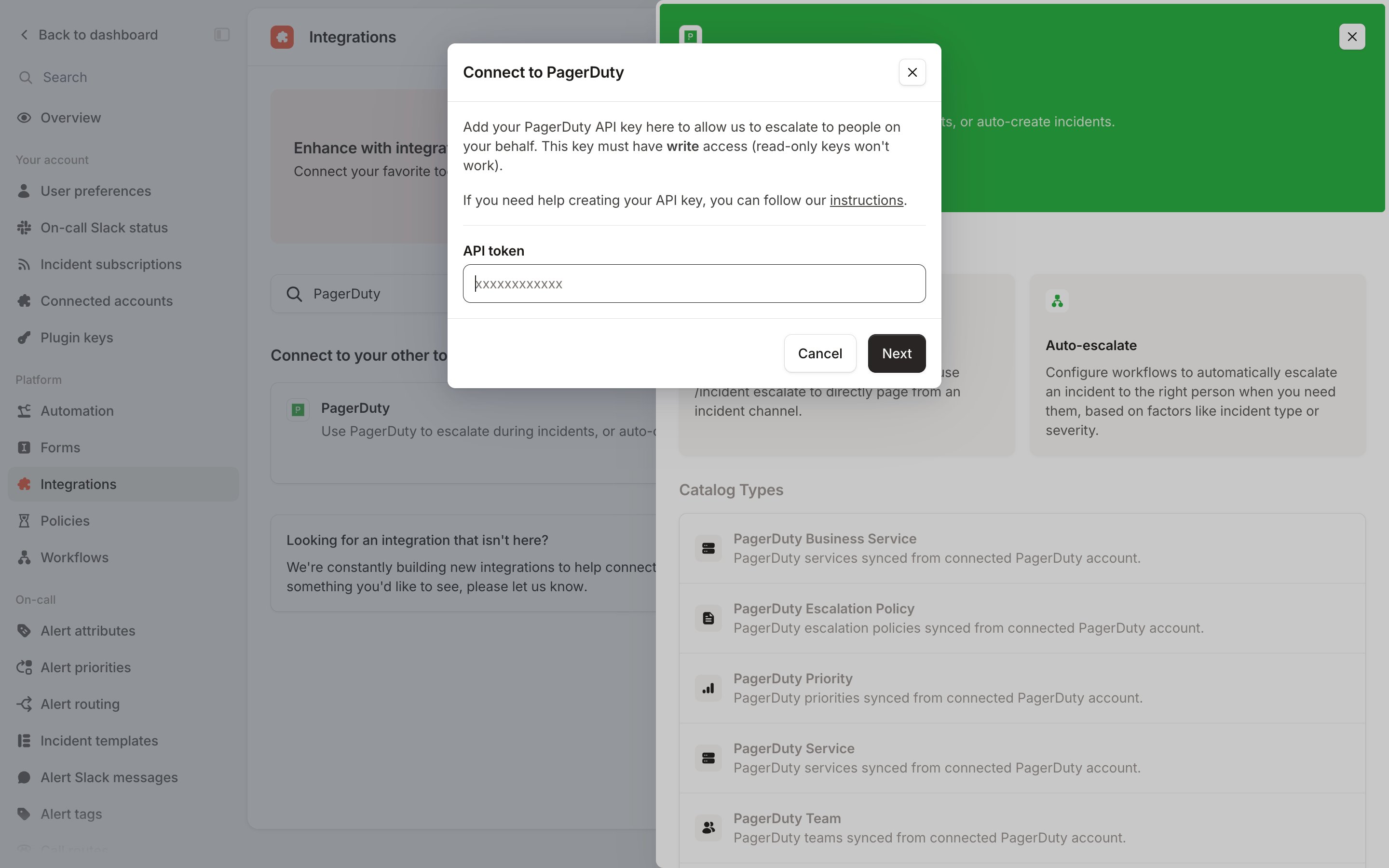 The Connect to PagerDuty dialog opening from the integrations page