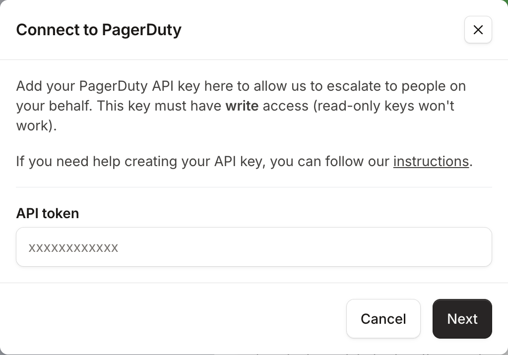 The Connect to PagerDuty dialog with the API token field