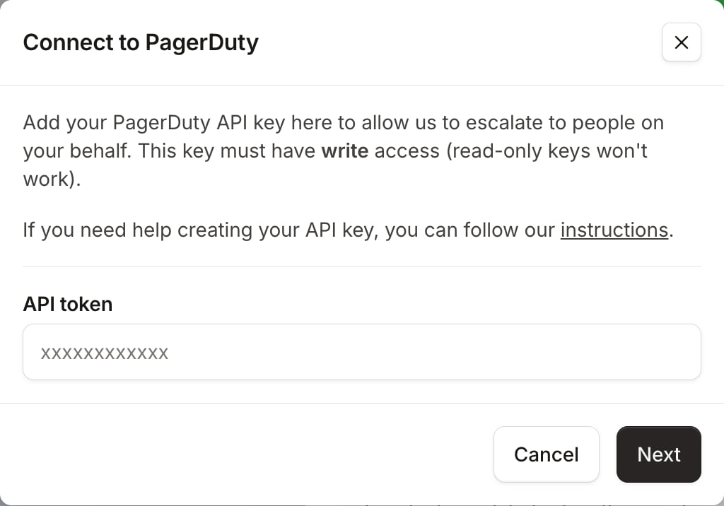 The Connect to PagerDuty dialog with the API token field
