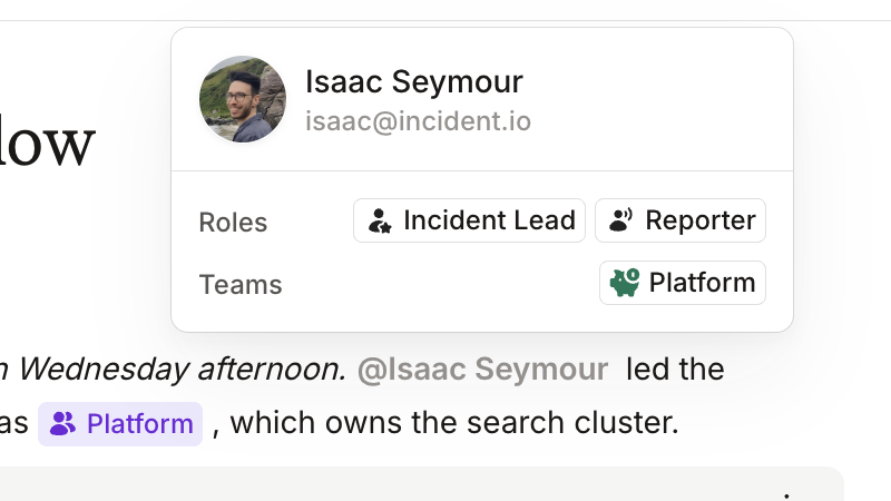 Hovering over a user mention shows their name, email, and roles in the incident