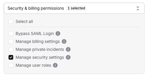 The Manage security settings permission selected in the Security & billing permissions list