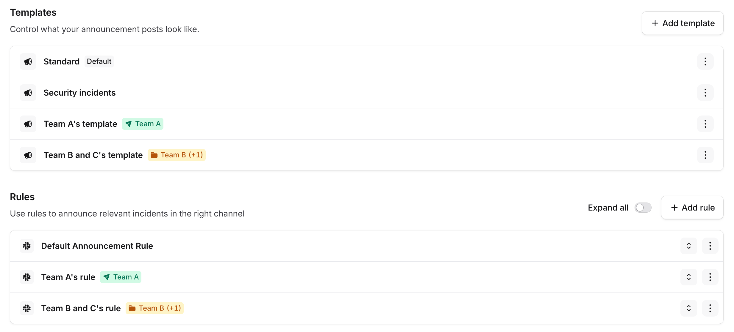 The Announcements settings list showing templates and rules, some tagged with an owning team
badge
