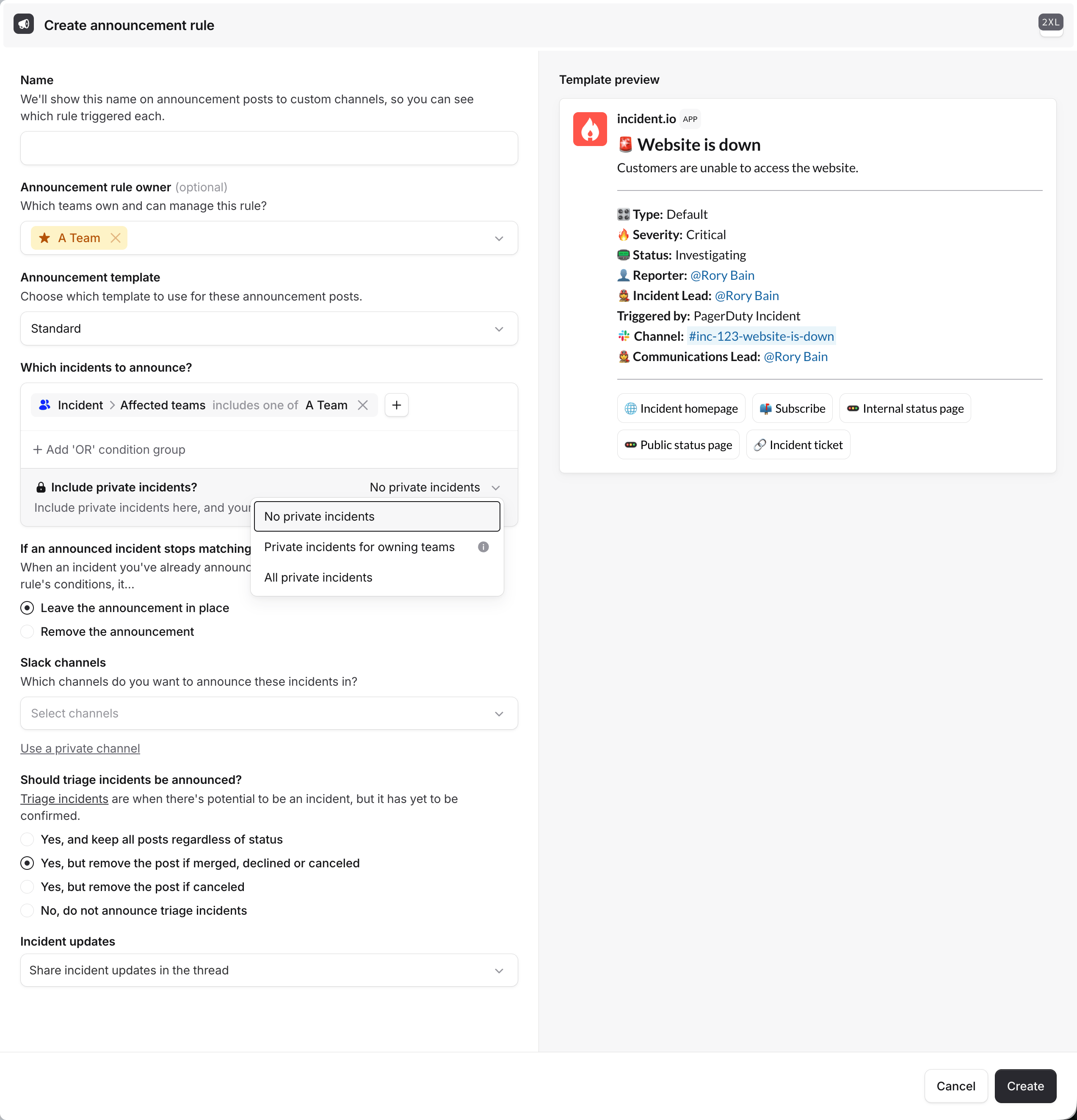 The announcement rule form showing the three private-incident scope
options