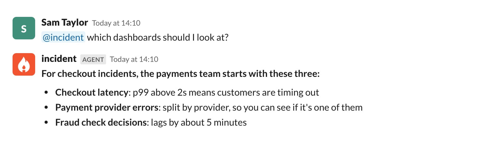 A Slack thread where @incident lists the three dashboards the payments team starts with for checkout incidents, and
what to look for on each
