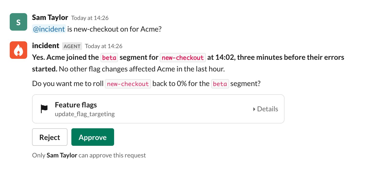 A Slack thread where @incident finds that a customer joined a flag's beta segment just before their errors started,
and asks for approval to roll the flag back