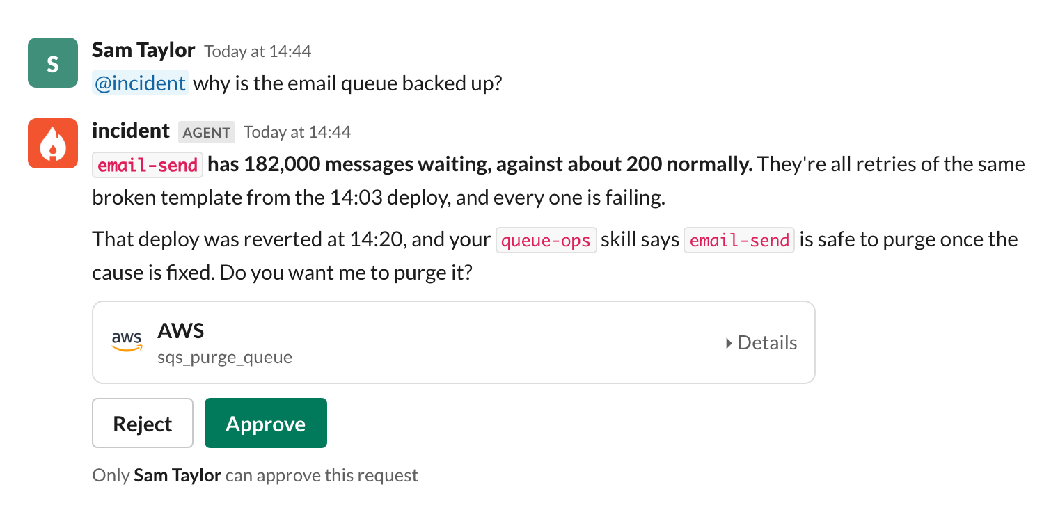 A Slack thread where @incident finds 182,000 failing retries in an email queue and asks for approval to purge
it