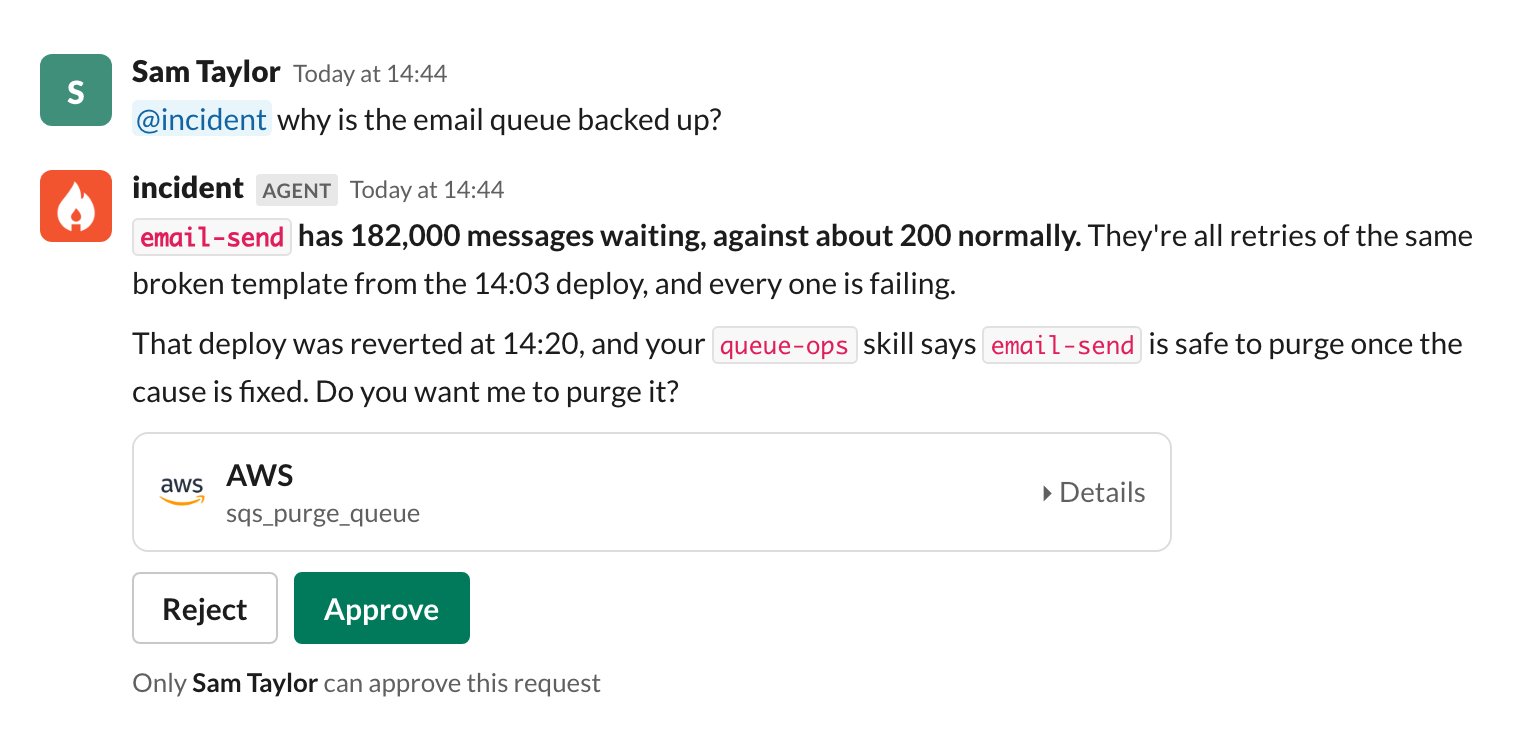 A Slack thread where @incident finds 182,000 failing retries in an email queue and asks for approval to purge
it