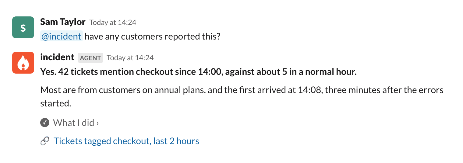 A Slack thread where someone asks @incident whether any customers have reported the problem, and the agent replies
that 42 tickets mention checkout since 14:00
