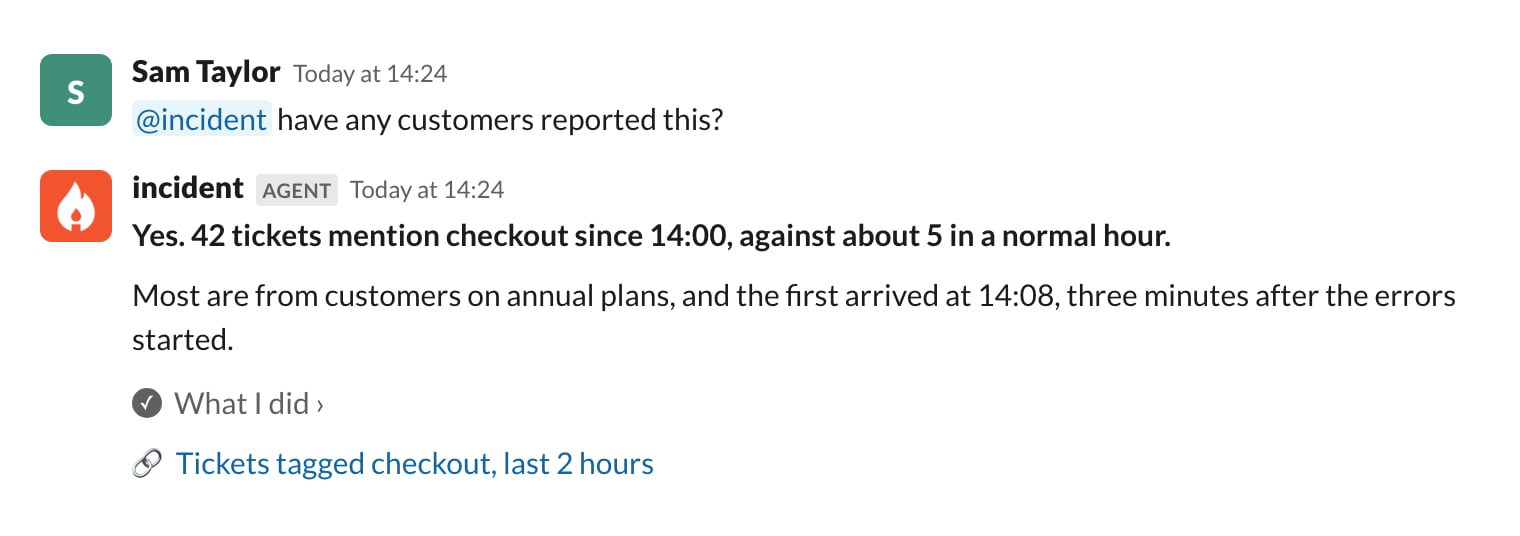 A Slack thread where someone asks @incident whether any customers have reported the problem, and the agent replies
that 42 tickets mention checkout since 14:00