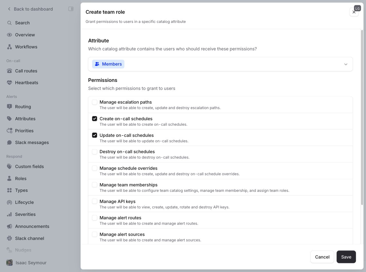 Creating a team role with an attribute and schedule permissions
selected
