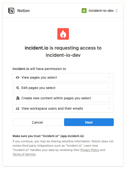 The Notion consent screen where you select which pages incident.io can access