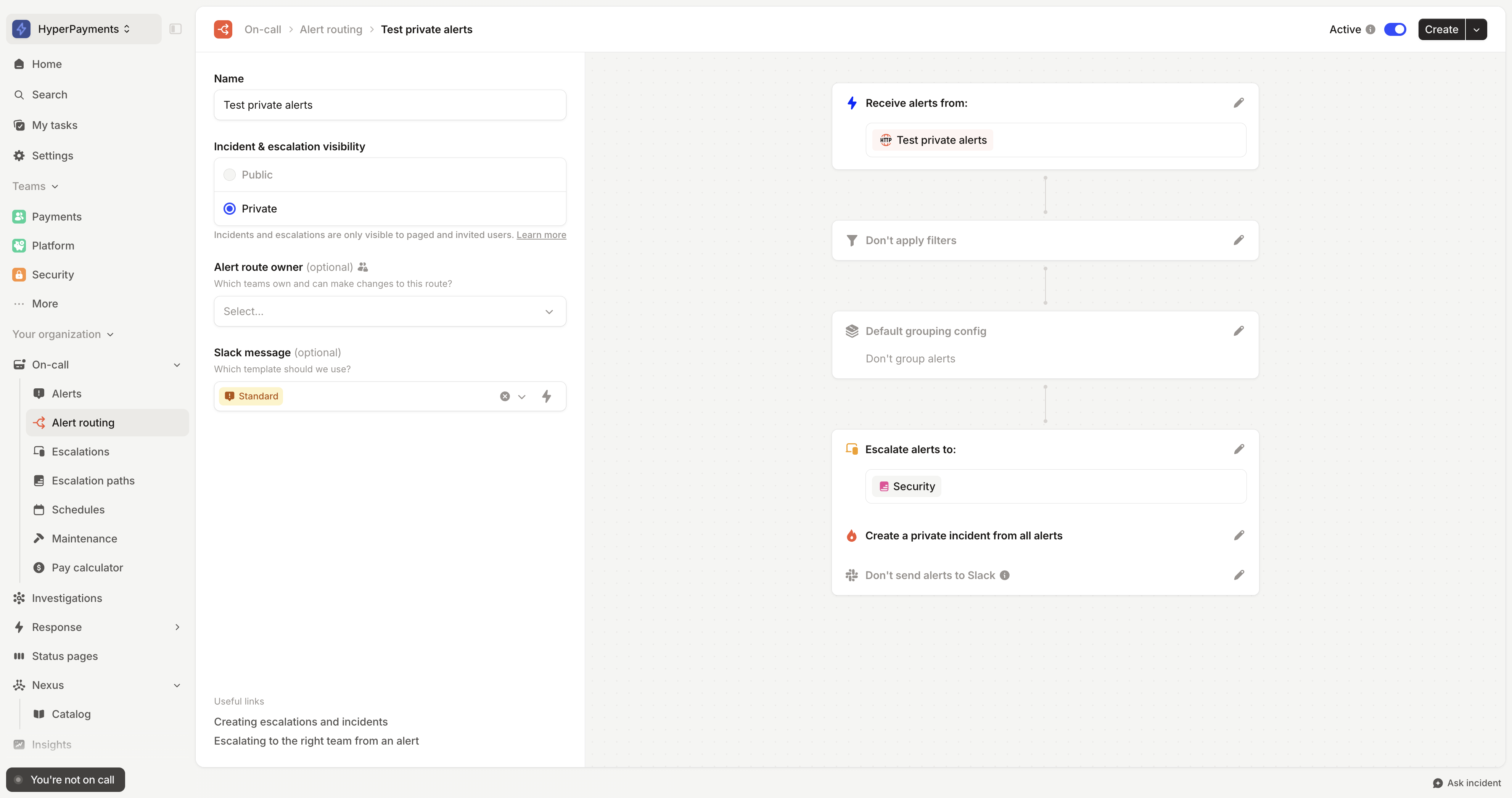 An alert route with visibility set to Private and a step to Create a private incident from all alerts