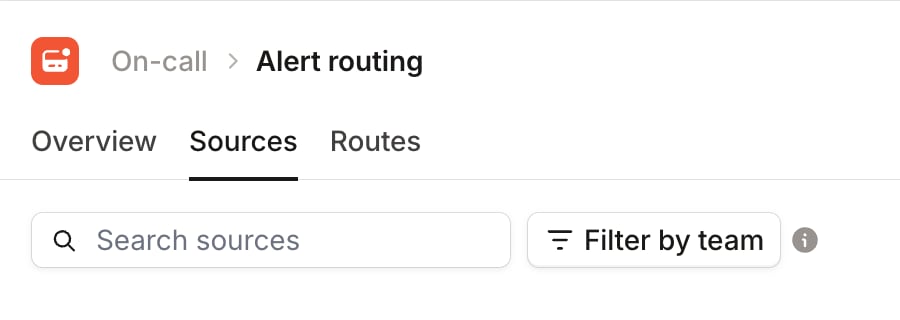 The Alert routing page open on the Sources tab, with a Search sources box