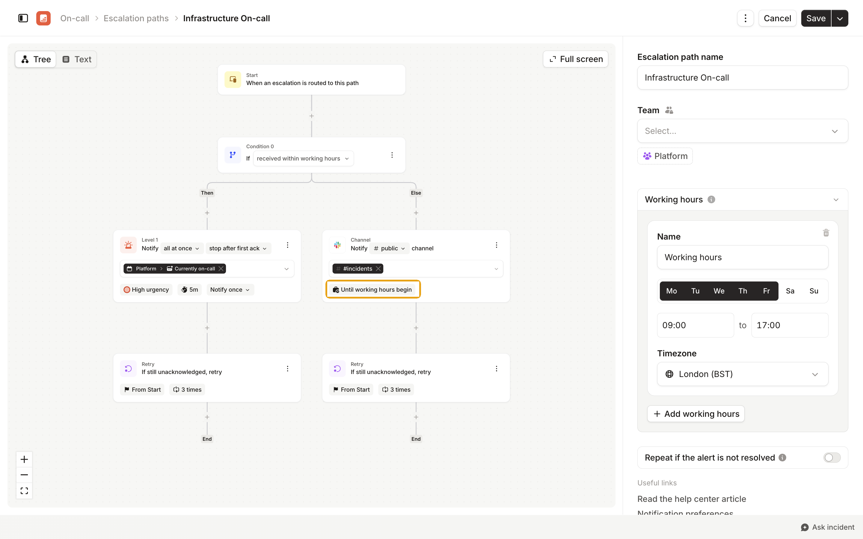 An escalation path where the Else branch of received within working hours notifies a Slack channel until working hours begin