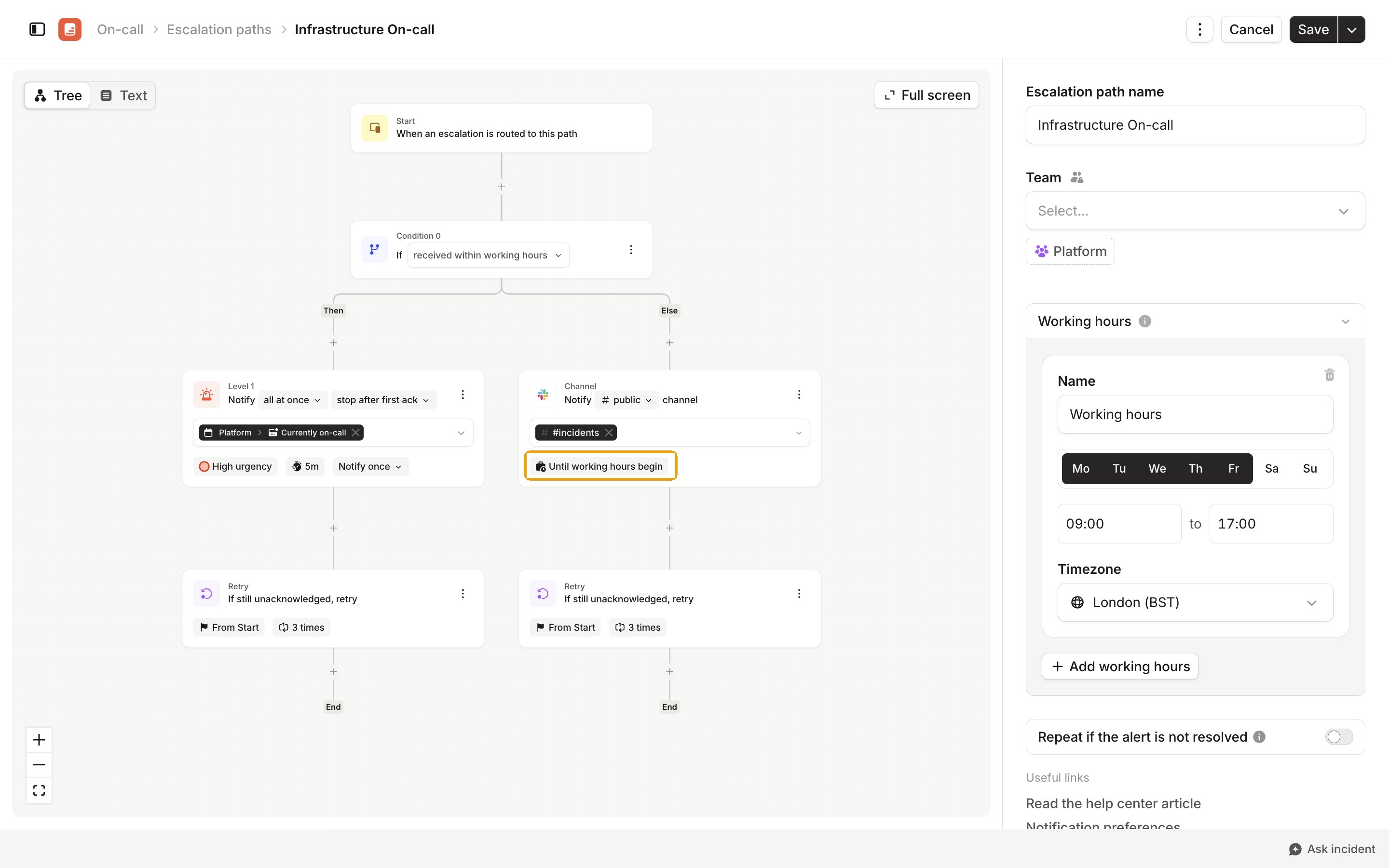 An escalation path where the Else branch of received within working hours notifies a Slack channel until working hours begin
