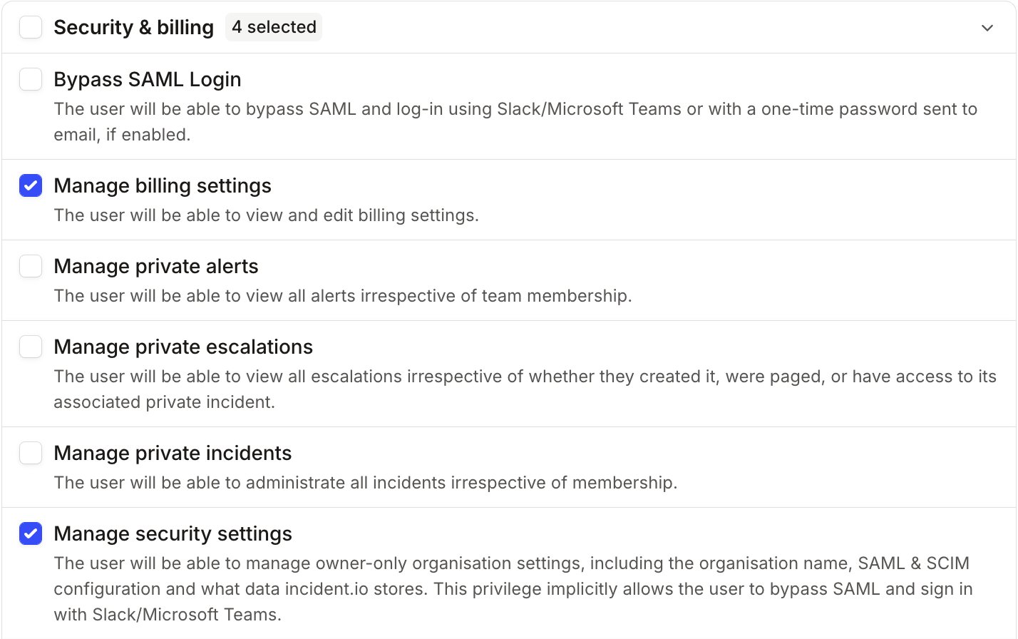The Manage security settings permission selected in the Security & billing group