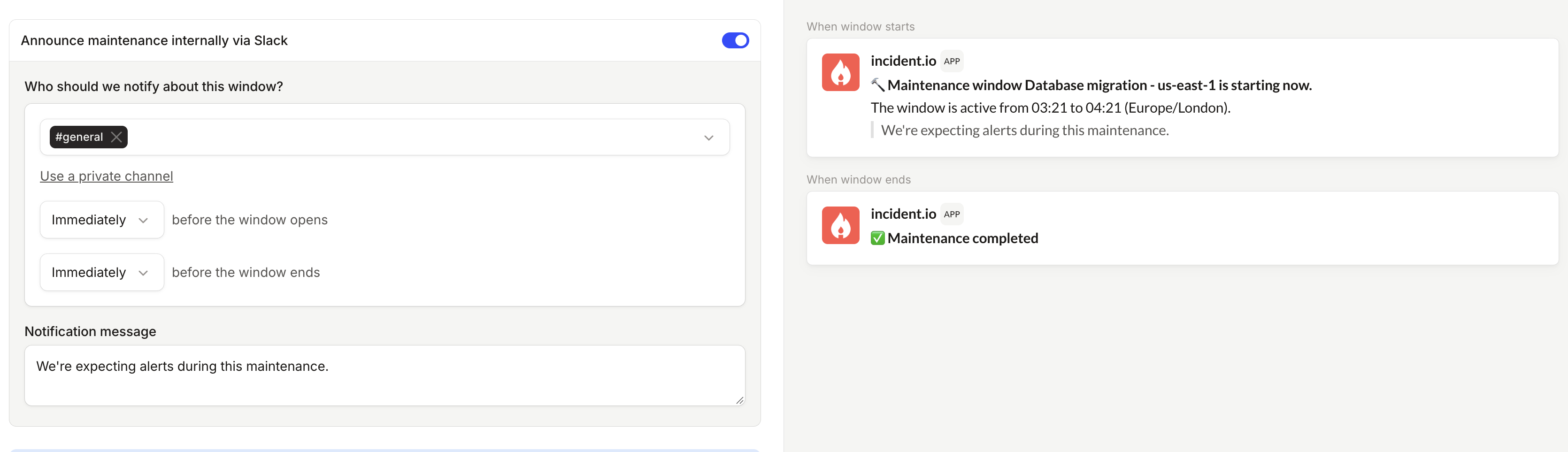 Slack announcement configuration and message previews