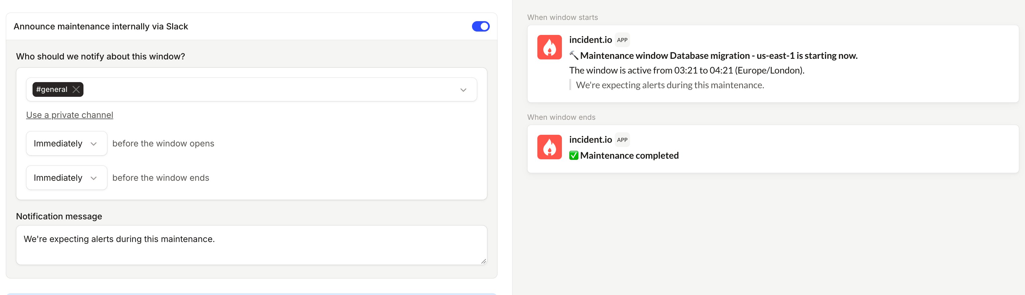 Slack announcement configuration and message previews