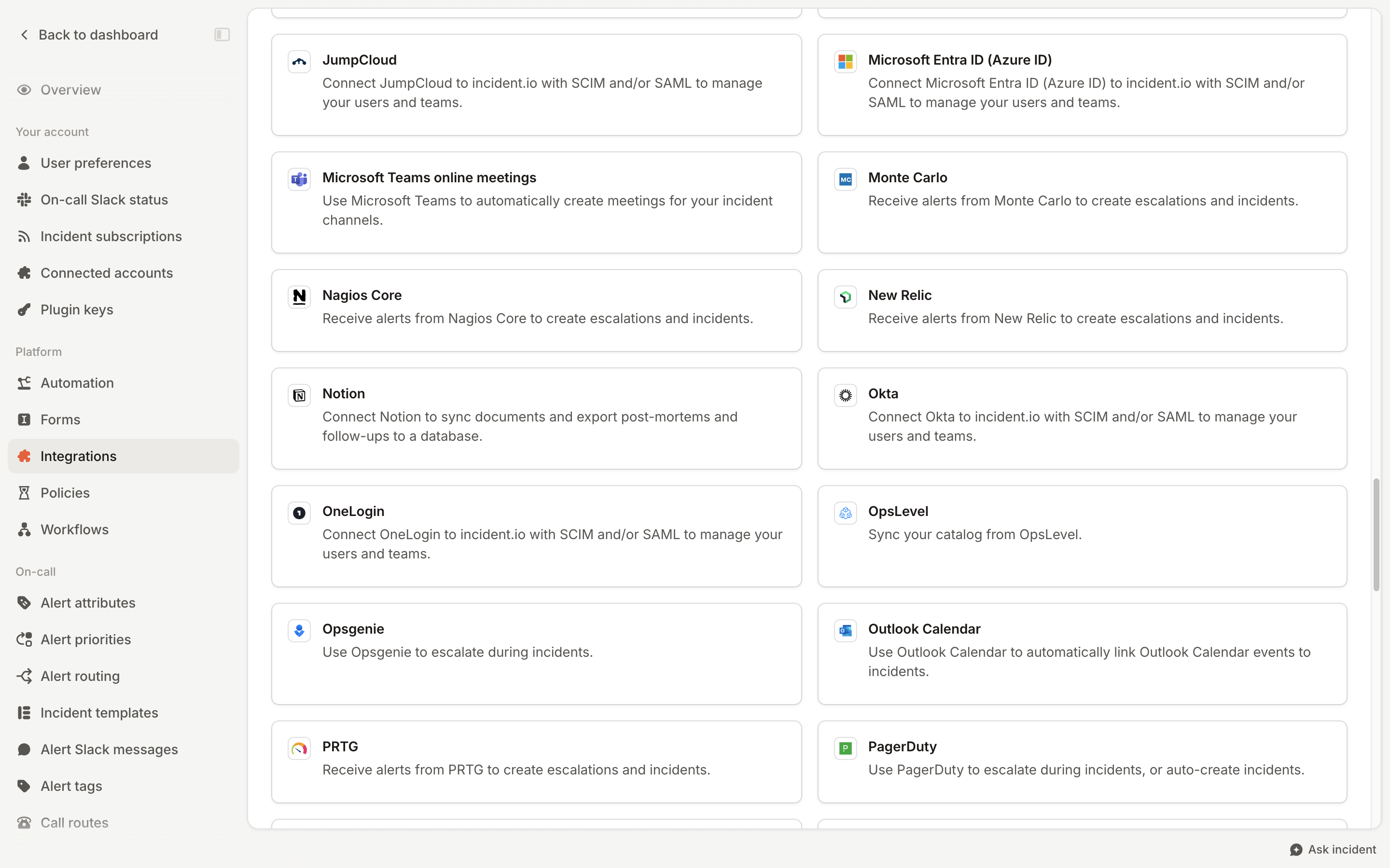 The Notion card on Settings → Integrations, alongside other integration cards
