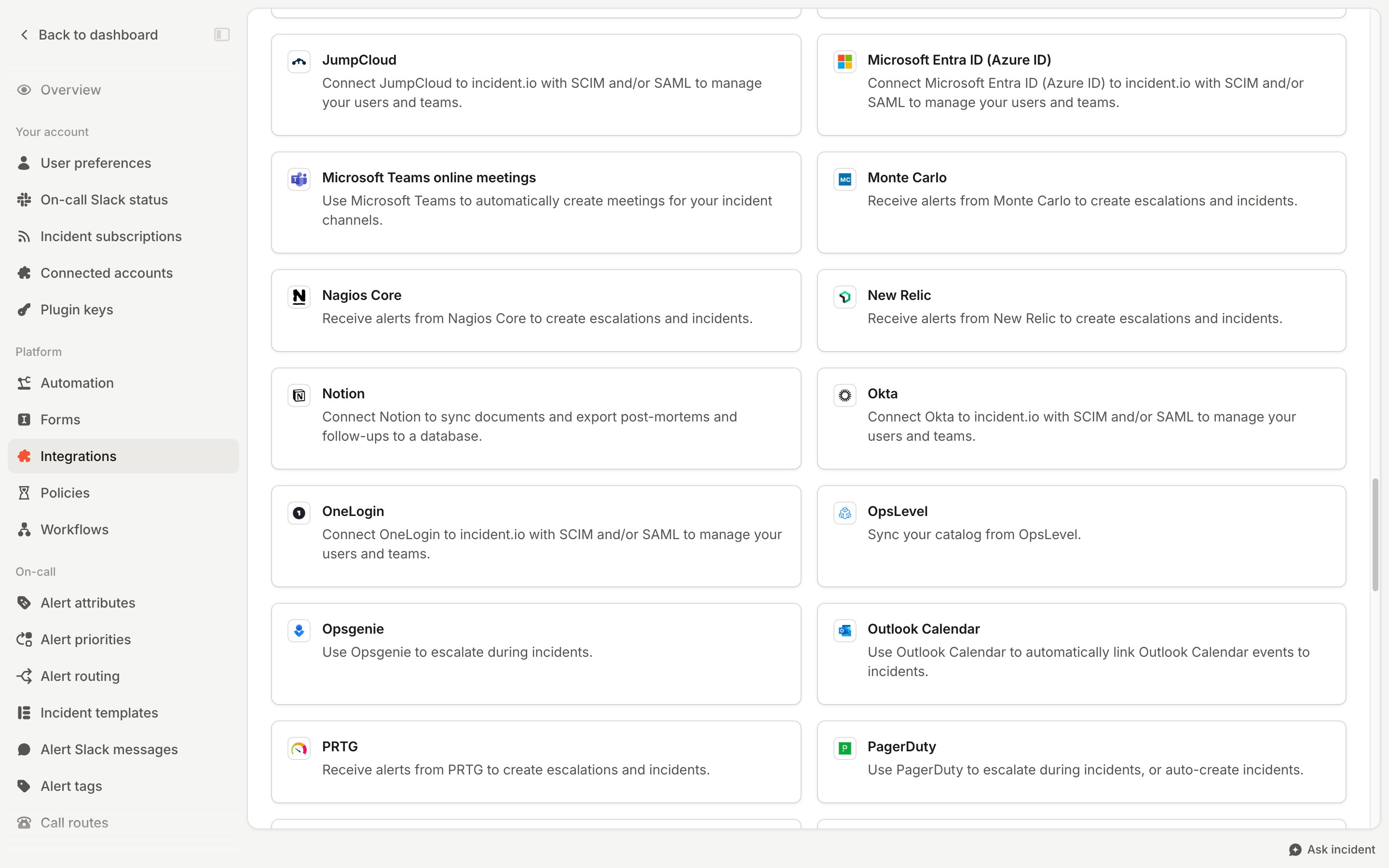 The Notion card on Settings → Integrations, alongside other integration cards