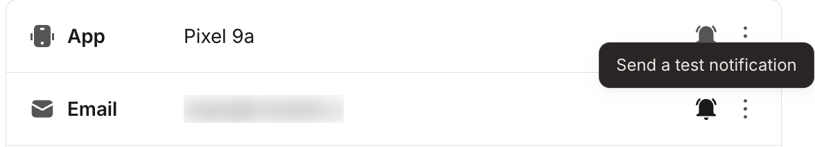 The Send a test notification bell tooltip on the App contact method row