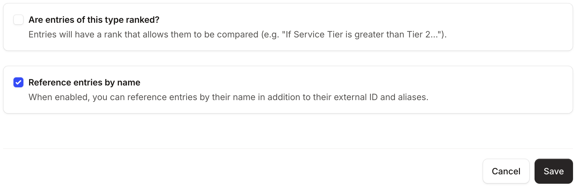 The bottom of the catalog type editor, with the Are entries of this type ranked? checkbox