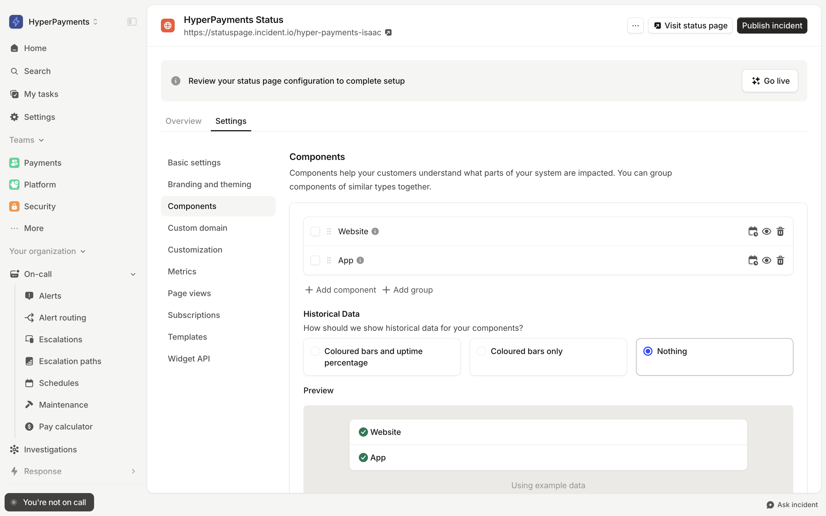 The Components tab of status page settings, with draggable Website and App components