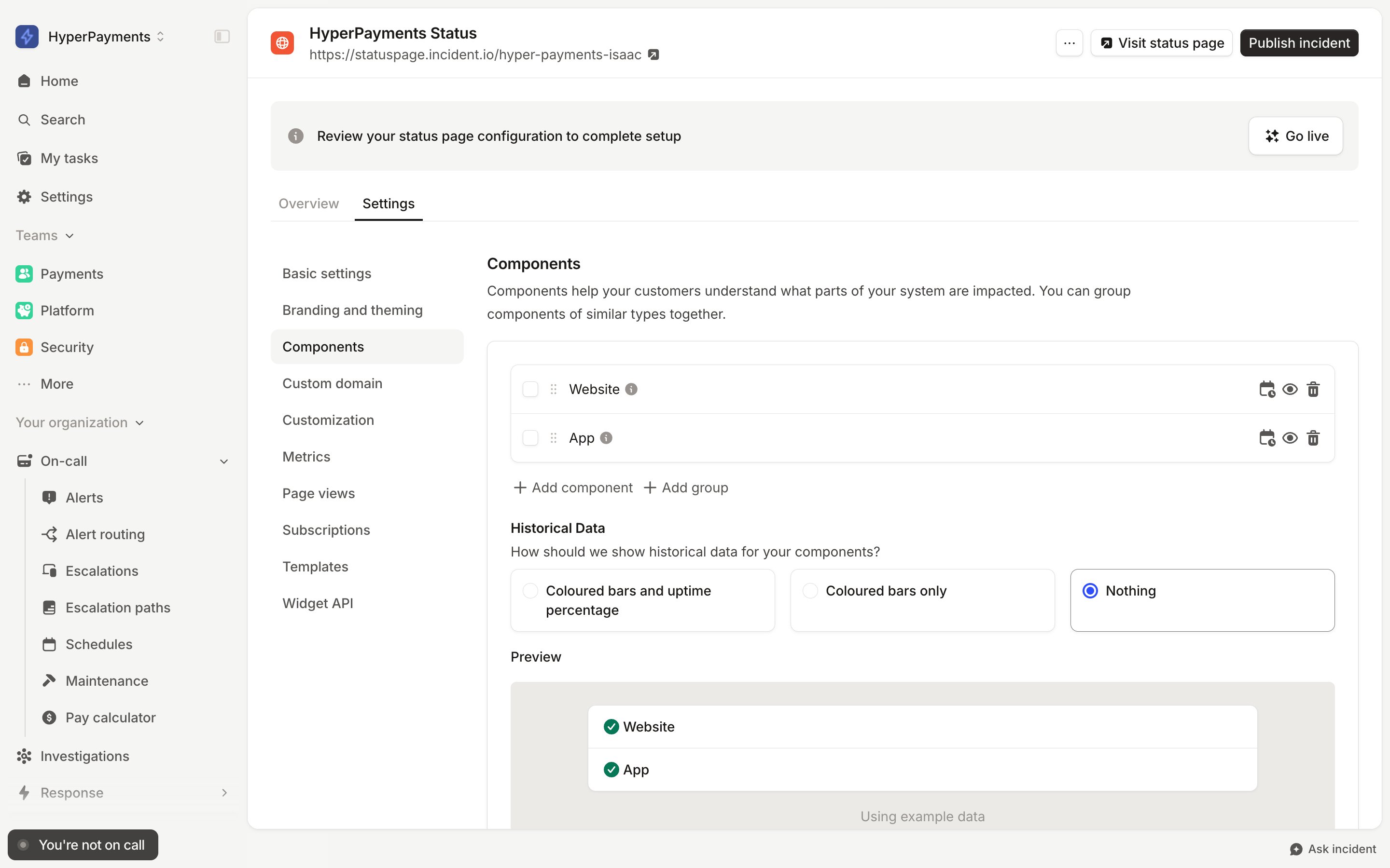 The Components tab of status page settings, with draggable Website and App components