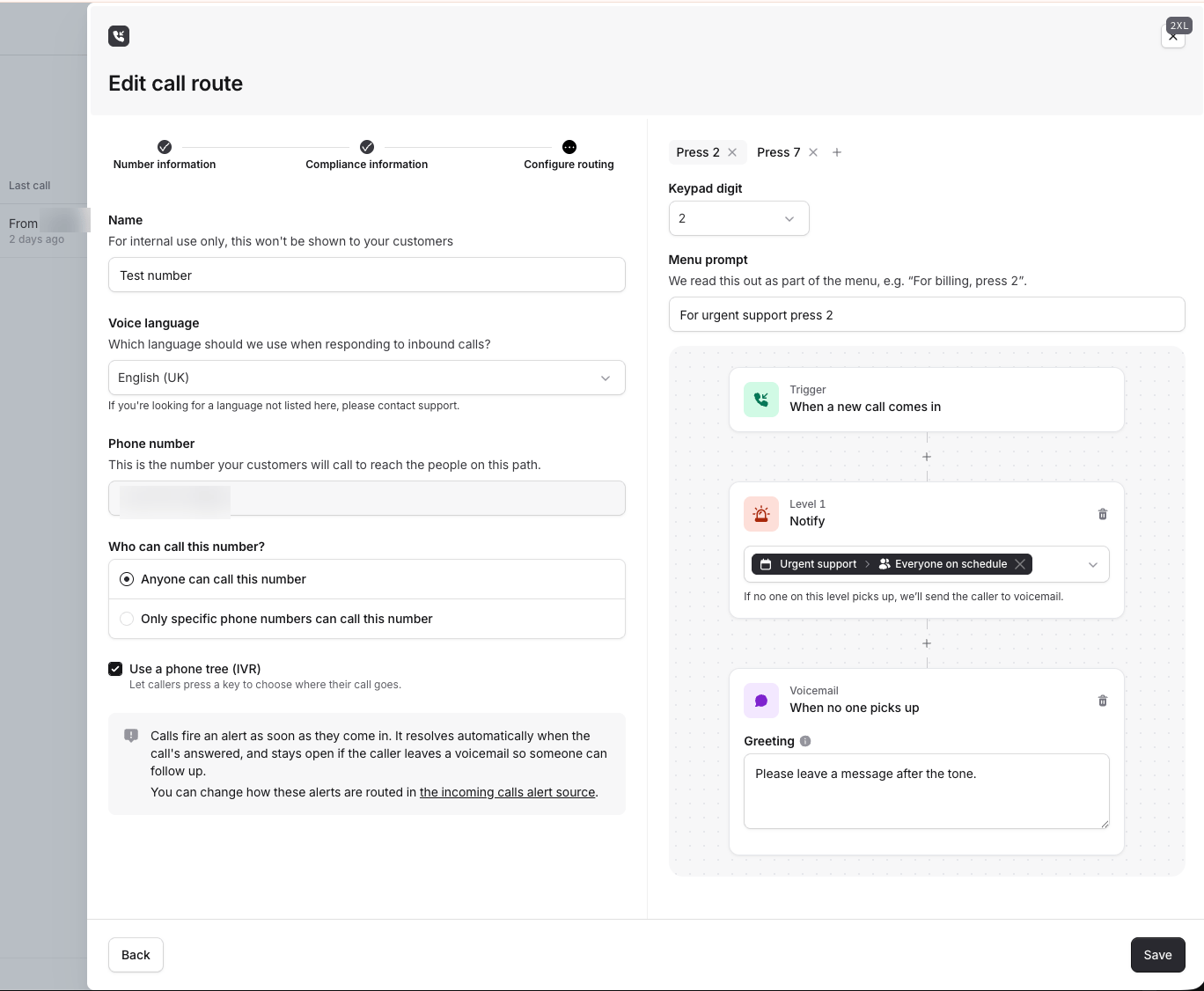 Configuring a phone tree and voicemail on a call route