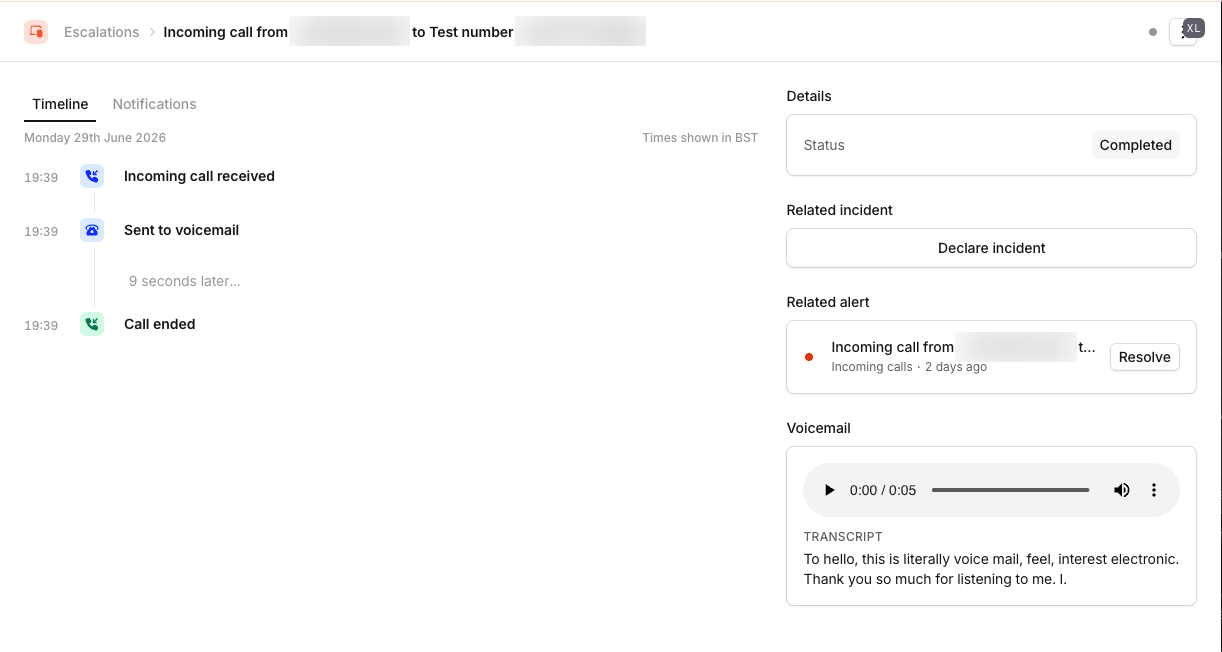 A voicemail recording and transcript on an incoming call sent to voicemail