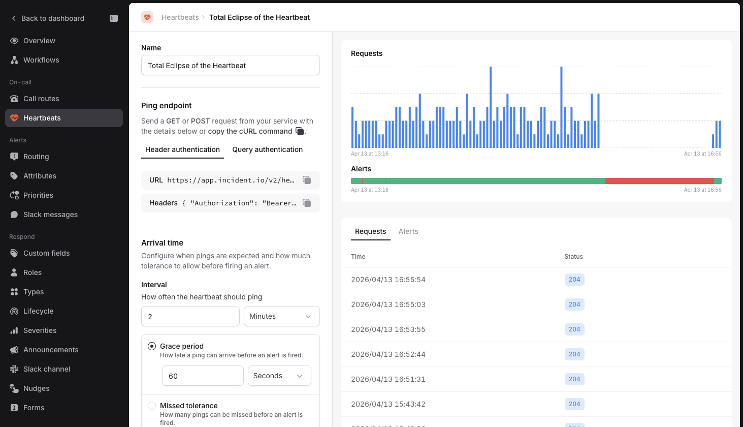 Heartbeat configuration page showing interval, grace period, and missed tolerance fields