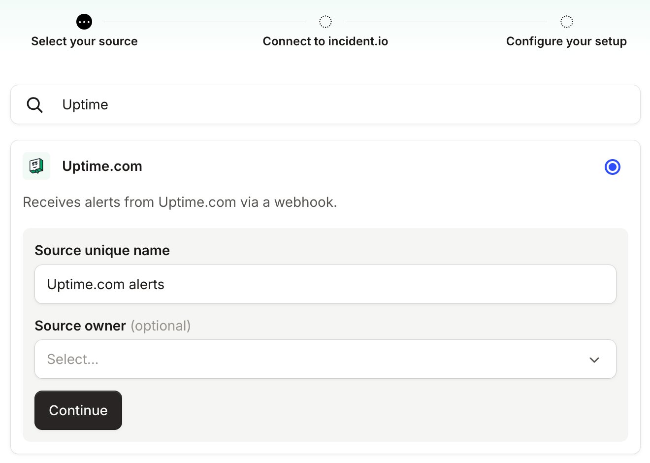 Select your source step with Uptime.com chosen and a Source unique name of Uptime.com alerts