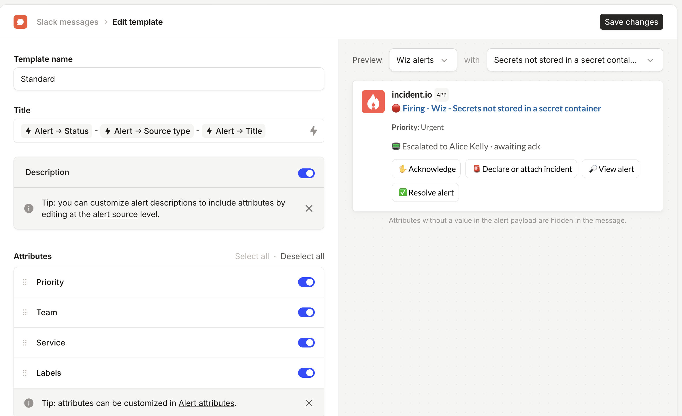 Edit template screen with Title variables, a Description toggle and Attributes list, beside a live message preview
