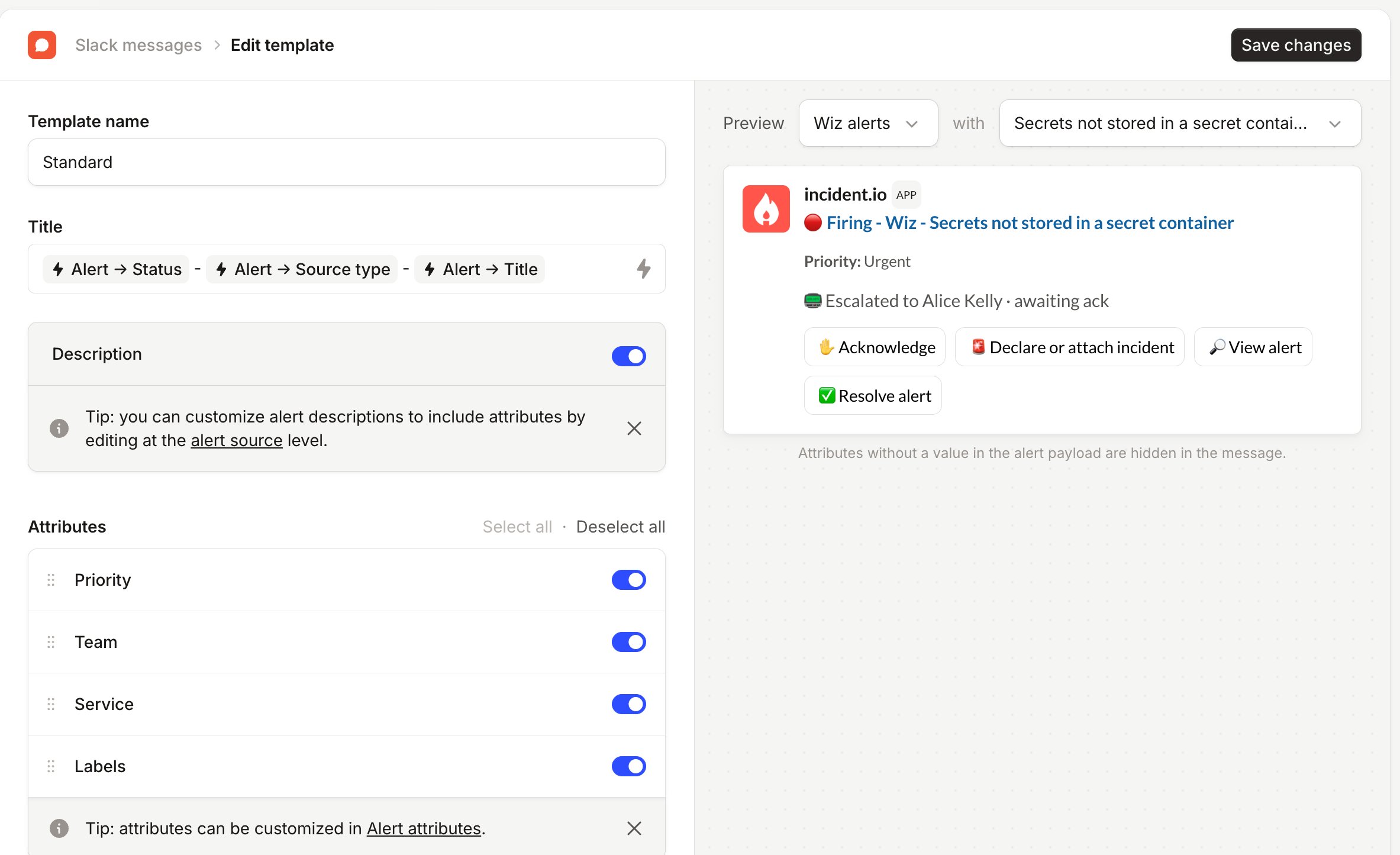 Edit template screen with Title variables, a Description toggle and Attributes list, beside a live message preview