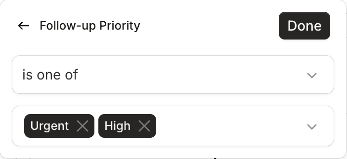 Follow-up Priority filter set to is one of Urgent and High