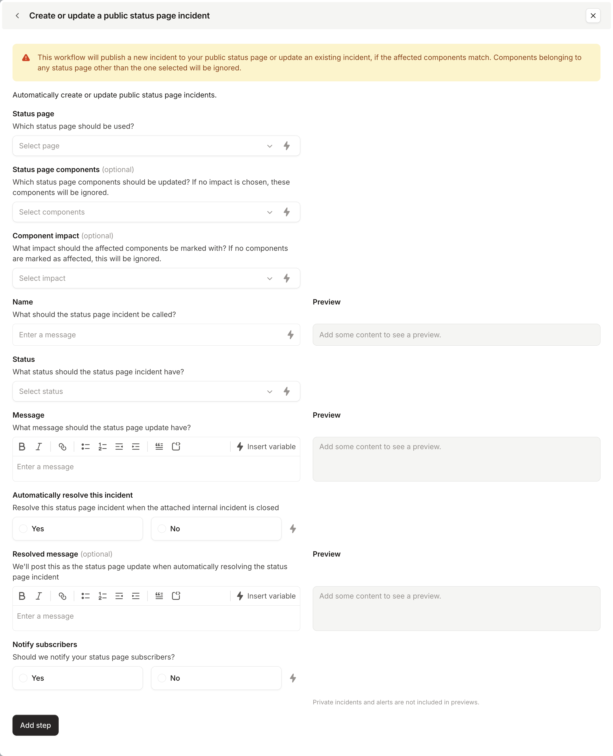 The Create or update a public status page incident step, with its empty fields and previews